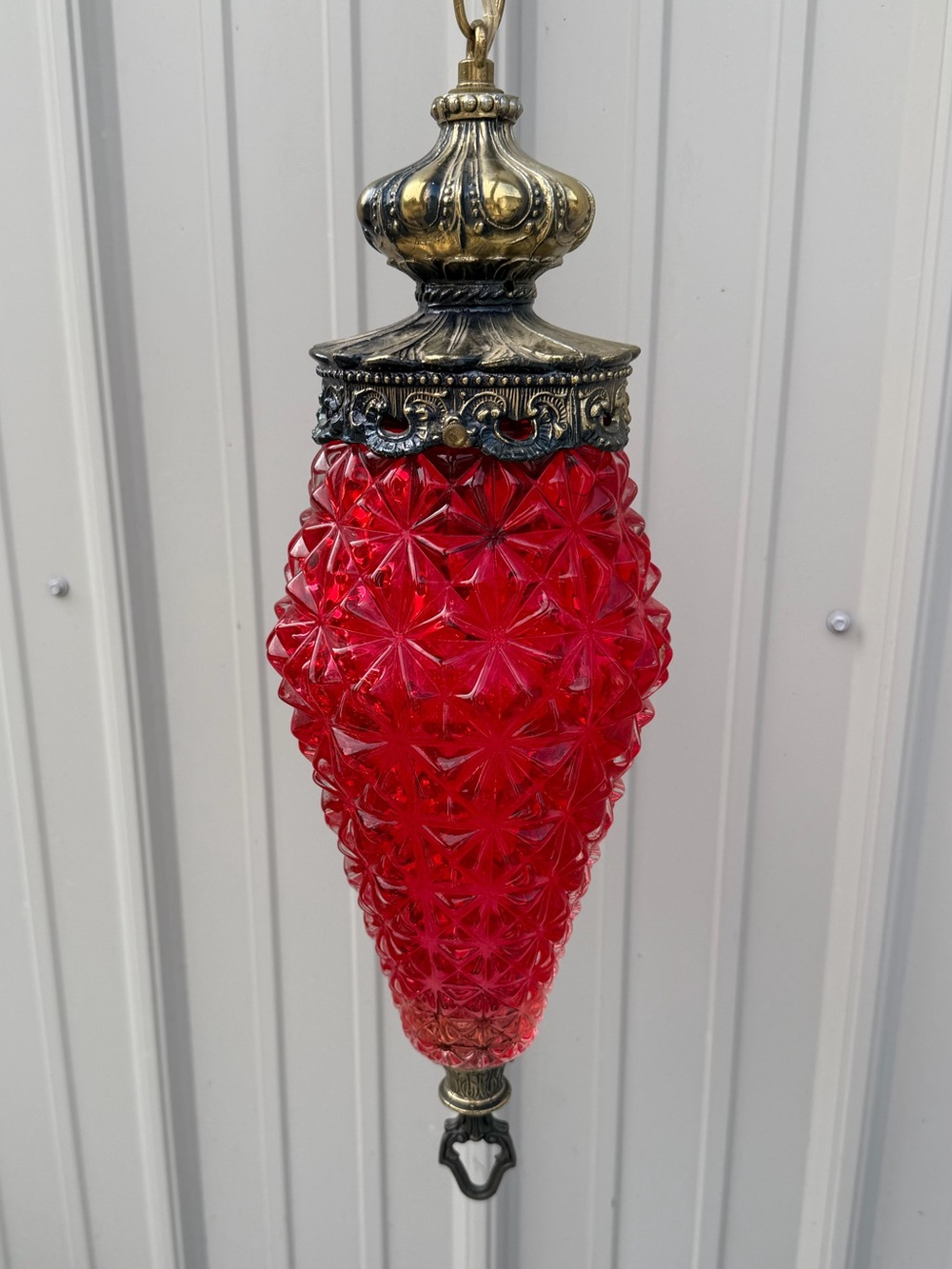 Vintage MCM Ruby Pineapple Glass Swag Lamp